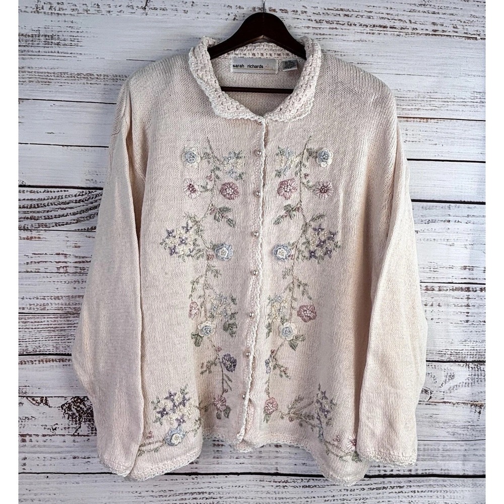 Vintage Embroidered Cardigan 2X Pink 3D Crochet Collar Cottage Romantic Feminine